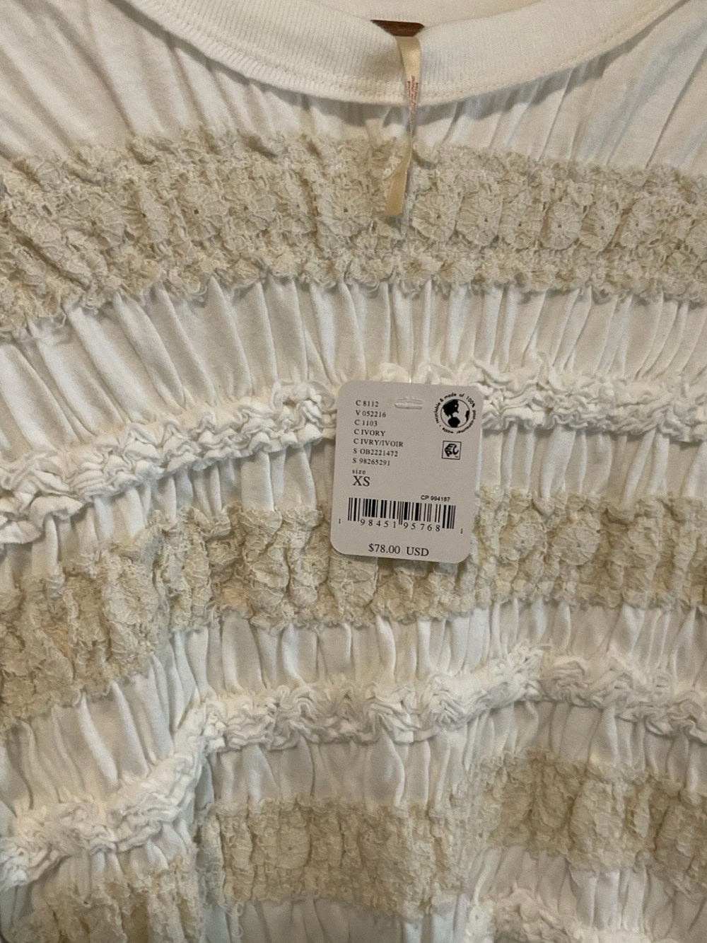 Free People NWT Maxey Smocked Ruffled Cream Puffed Half Sleeve Knit Top, XS - Picture 11 of 12